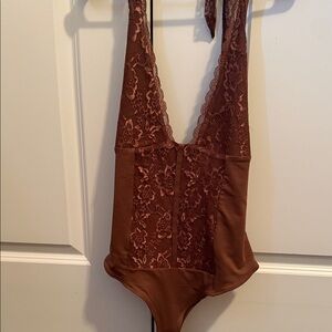 Amazon Chocolate Lace Plunge Halter Bodysuit